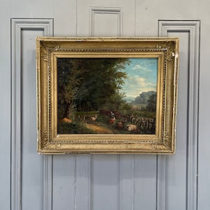 Antique French Landscape Oil Painting: Shepherdess with Sheep, Signed L La Pande, 1859