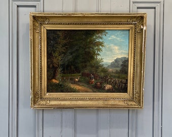 Antikes französisches Landschaftsölgemälde der Schäferin mit Schaf und Ziege signiert L La Pande 1859