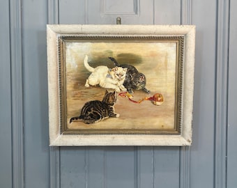 Antique vintage oil painting study of kittens playing with an apple