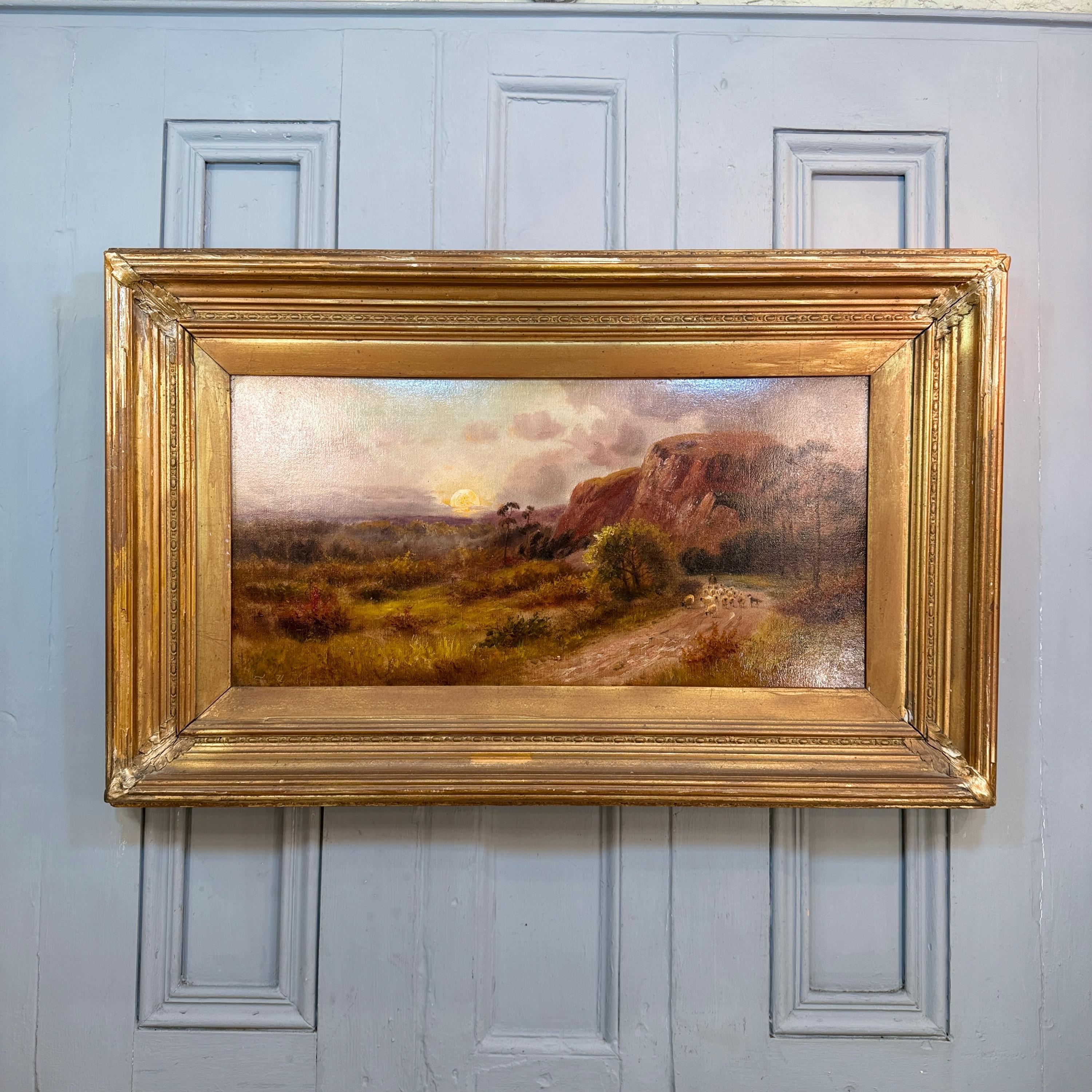 Large Antique Landscape Oil Painting With Sheep at Sunset Signed