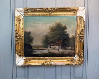 アンティークフランス風景油絵、急流、署名・日付入り、1896年 - Etsy 日本