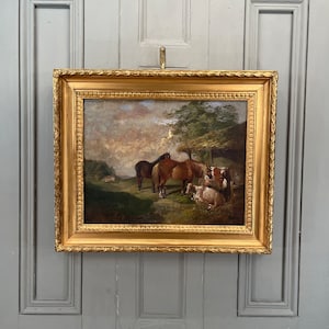 Antique Georgian early Victorian oil painting of horses and cows