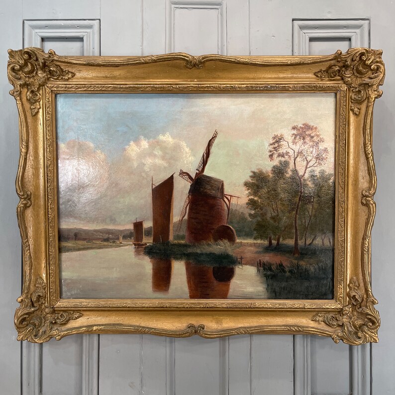 Antique Norwich School river landscape oil painting with windmill and sailing boats image 2