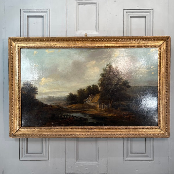 Large antique river landscape oil painting with cattle after M Hobbema