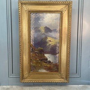 Large antique landscape oil painting of Scottish loch signed H Bates