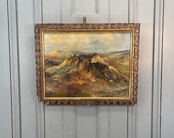 Antique French impressionist landscape oil painting of mountain range signed A Lempereur