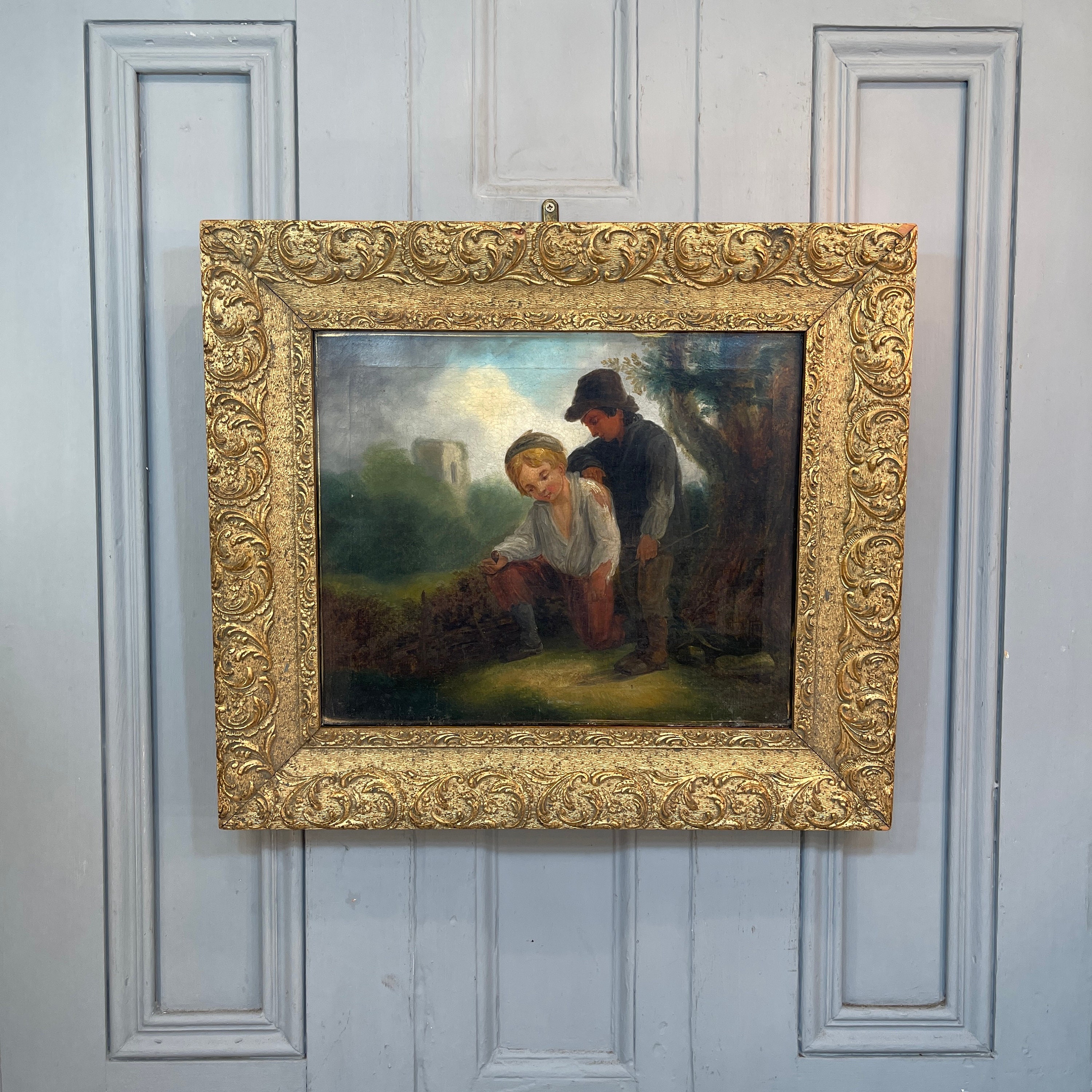 イギリスアンティーク古い油絵 アンティーク 絵画】19世紀 英国 油絵 風俗画 少女に編みものを