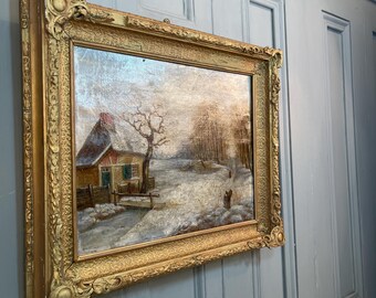 アンティークのフランス風景油絵、冬の雪景色とコテージの習作 - Etsy 日本