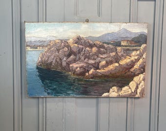 Antique Italian coastal landscape oil painting study of rocks and village signed G Marenga