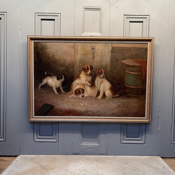 Large antique oil painting study of terrier dogs signed J Langlois (1 of 2)