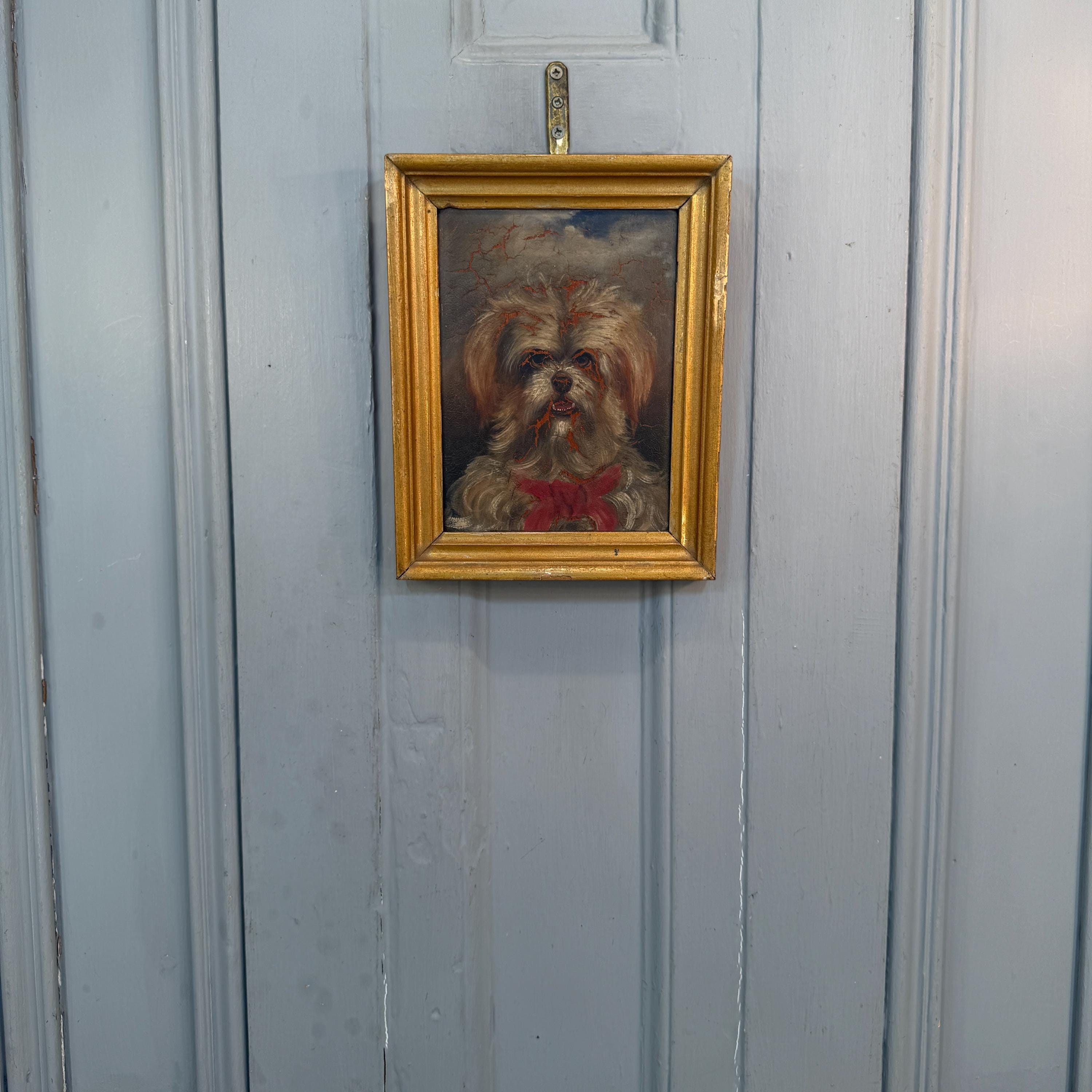 マルチーズまたはシーズー犬の小さなアンティーク油絵肖像画習作