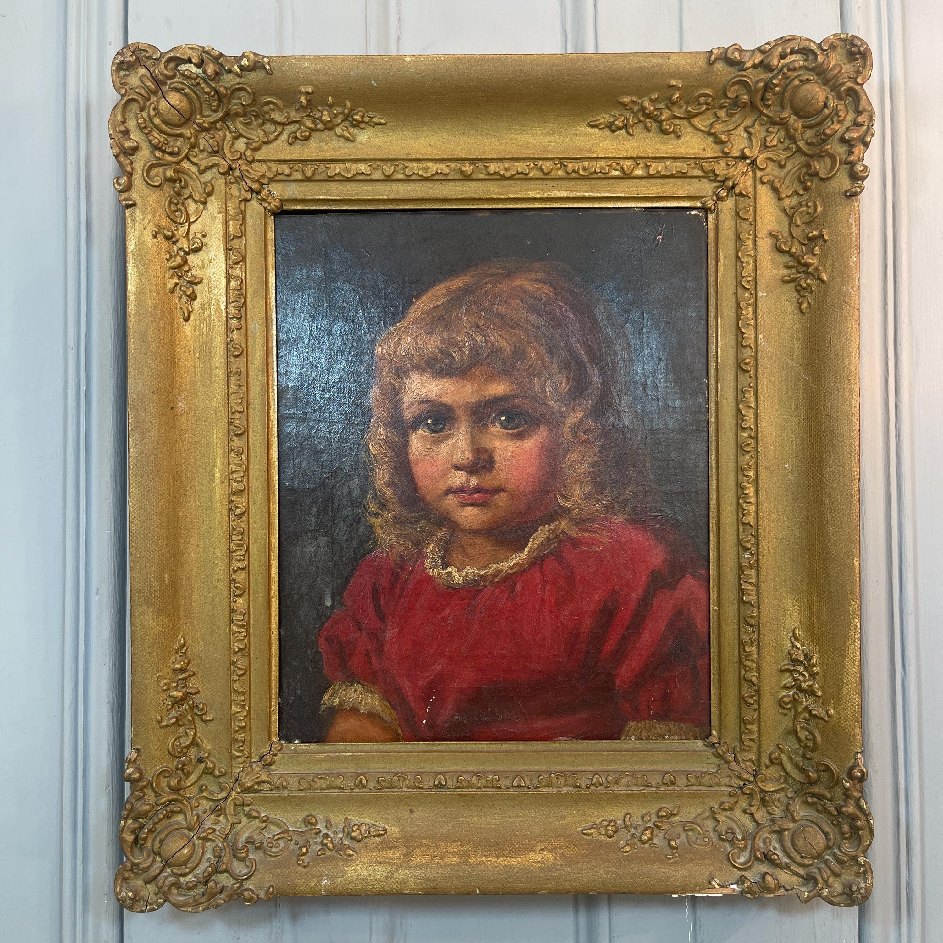 ☆人物画☆　油絵　アンティーク　レトロ 赤いドレスを着た若い女の子のアンティーク油絵の肖像画 - Etsy 日本