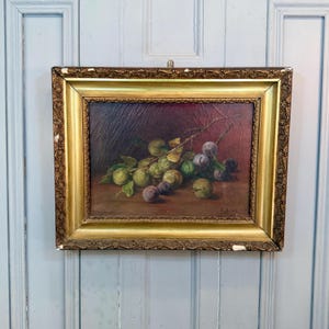Antique French still life oil painting study of fruit plums signed E Badiere