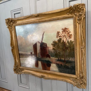 Antique Norwich School river landscape oil painting with windmill and sailing boats image 7