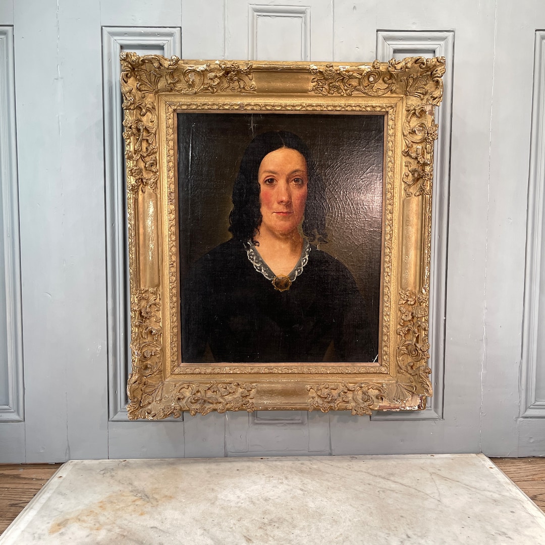 Large Antique Oil Painting Portrait Study of a Lady in Black Dress and ...
