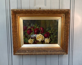 Antique still life oil painting study of red and yellow roses signed RB