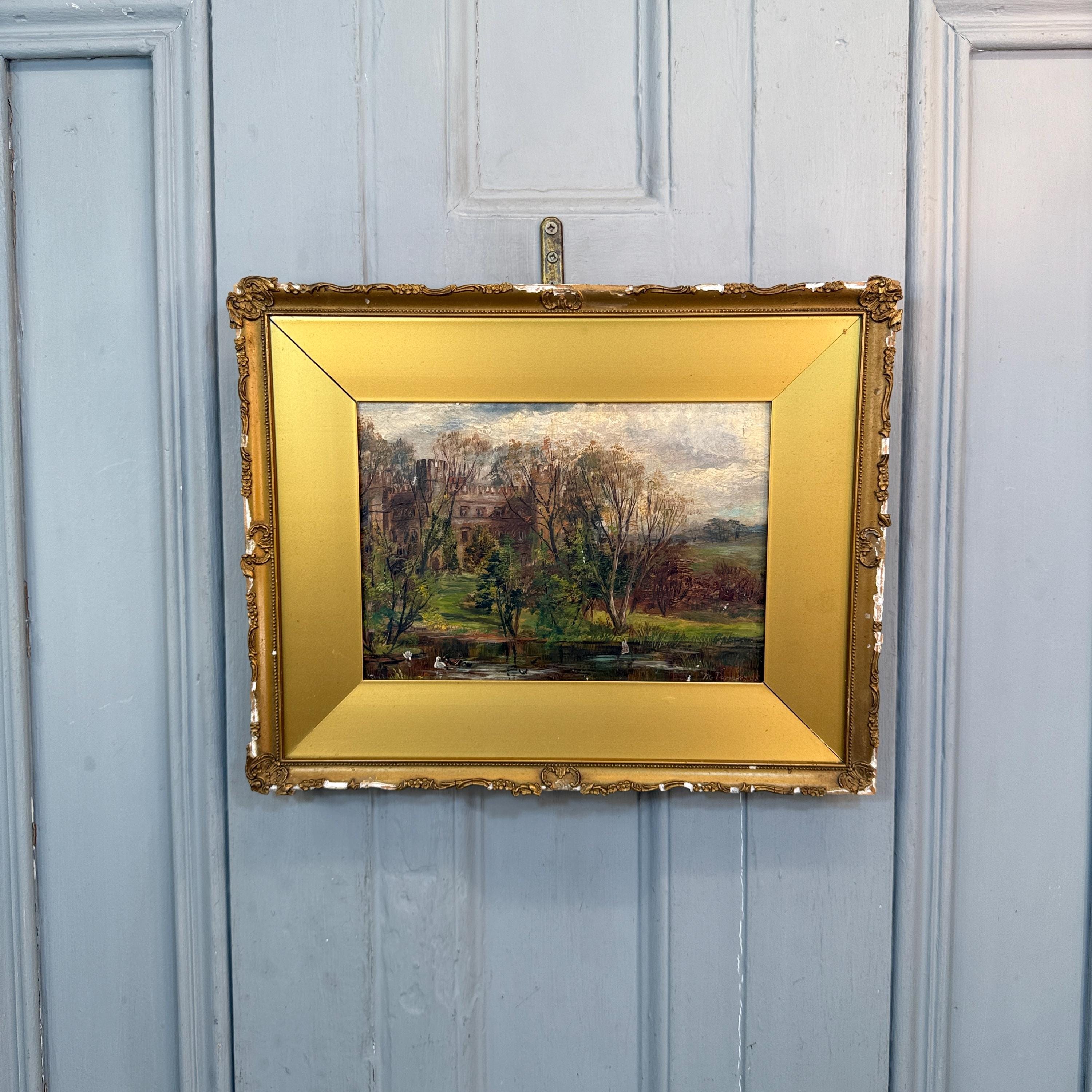 SOLD to Rachel - Antique oil painting study of castle and lake signed M Turner 1895