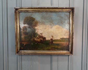 Antique French Landscape Oil Painting of Family Fording River - Etsy