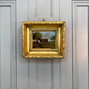 Antique French oil painting study of bull, cow and calf