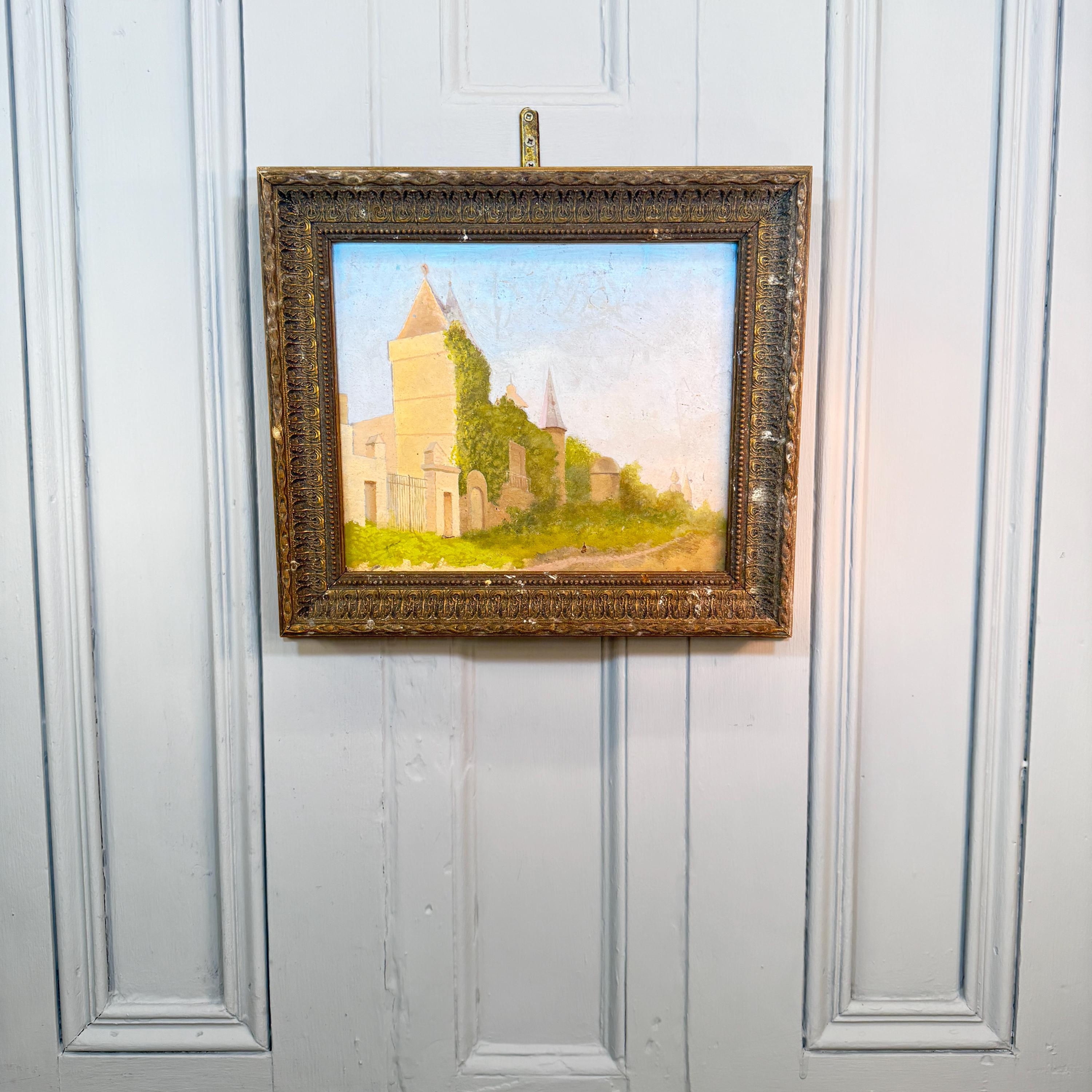 田舎の塔のある別荘を描いたフランスのアンティーク風景油絵習作