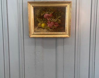 オリバー・クレアの署名入り、果物プラムとリンゴを描いたアンティーク