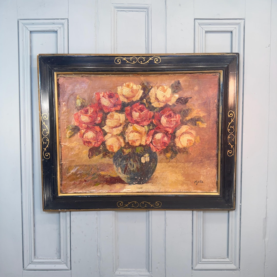 Antique French Still Life Oil Painting Study of Vase of Roses Signed ...