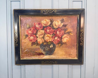 Antique French still life oil painting study of vase of roses signed Molla