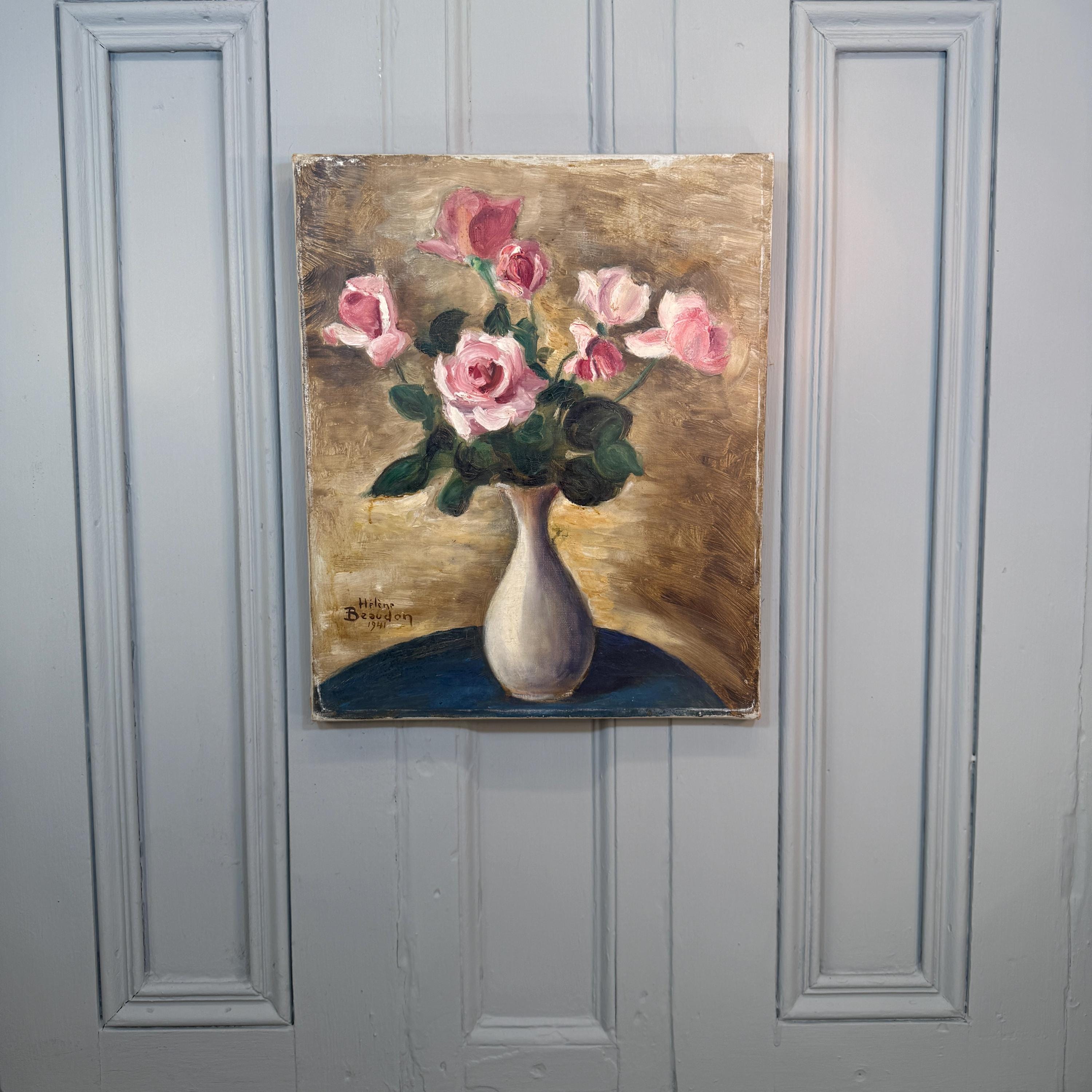 ヘレン・ボードンの署名入り、ピンクのバラの花瓶を描いたフランスの