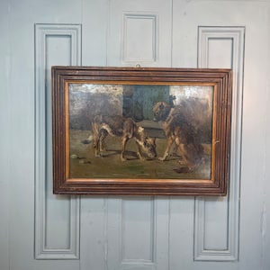 Antique French oil painting portrait study of couple of dogs