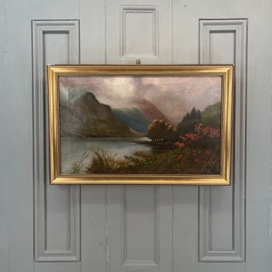 Antique Scottish landscape oil painting of loch and mountains signed W Sharrocks 1912