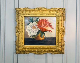 Antikes französisches Stillleben Ölgemälde von Blumen in Vase