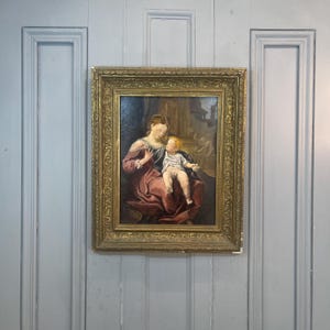 Antique Italian oil painting portrait of Madonna and Child