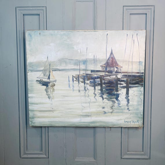 Vintage French Impressionist Oil Painting of Lake Scene With