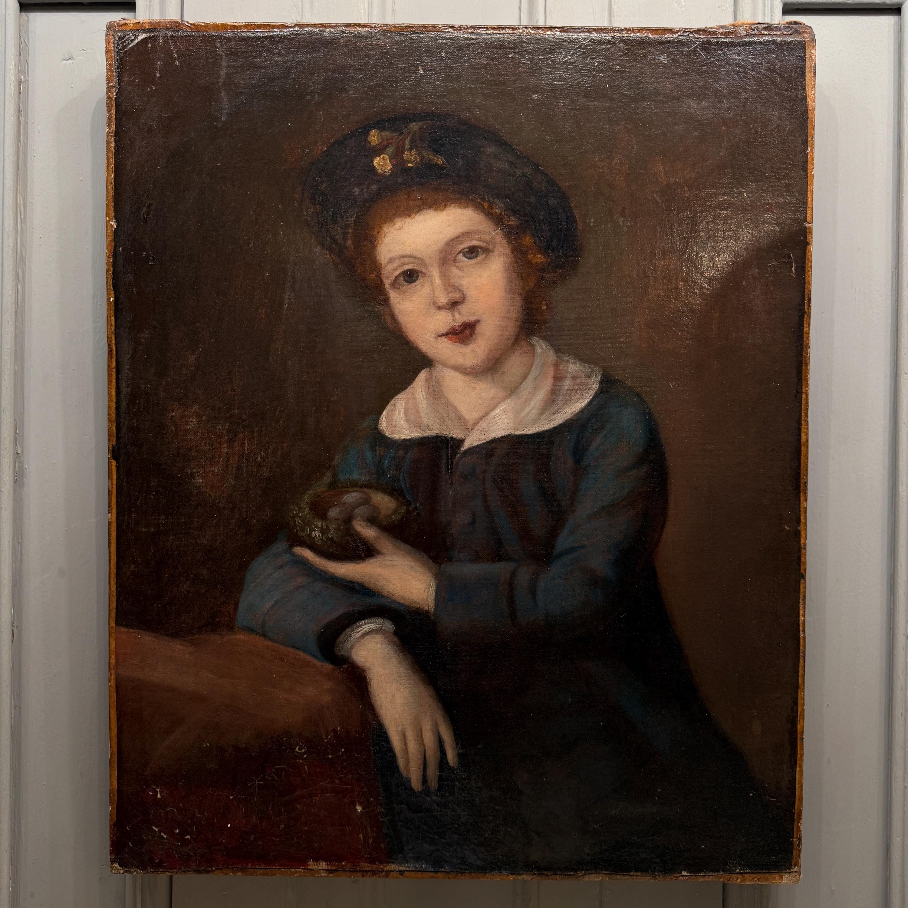 Antique Oil Painting Portrait Study of a Boy Holding a Birds Nest