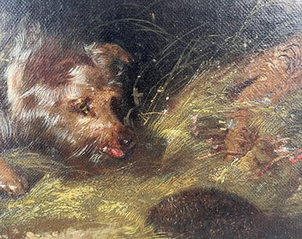 Tableau Huile Originale 'A Sharp Lookout' Par Edward Armfield (1817-1896) - Chiens Terriers - Cadre Inclus - Période Victorienne