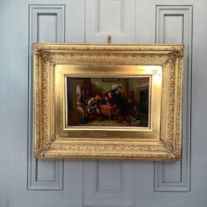 Grote antieke Victoriaanse olieverfschilderij van speelkaarten van schurken