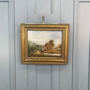 Antique river landscape oil painting of a stone bridge