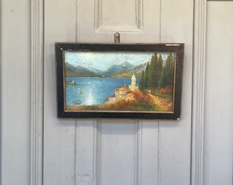 Antique landscape oil painting of Italian lake with villa signed HMcK