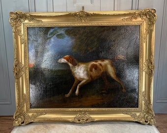 Very large antique oil painting portrait study of a dog hunting hound