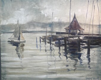 Vintage French Impressionist Oil Painting of Lake Scene With