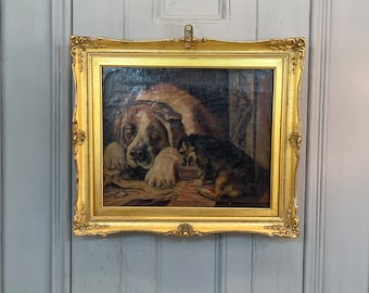アンティークの犬の油彩画 ＊油絵 油絵 油彩 板絵 絵画 牛 犬 景色 自然 フランス アンティーク 小さめ