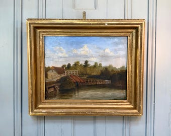 Antique French signed impressionist landscape painting of lake and