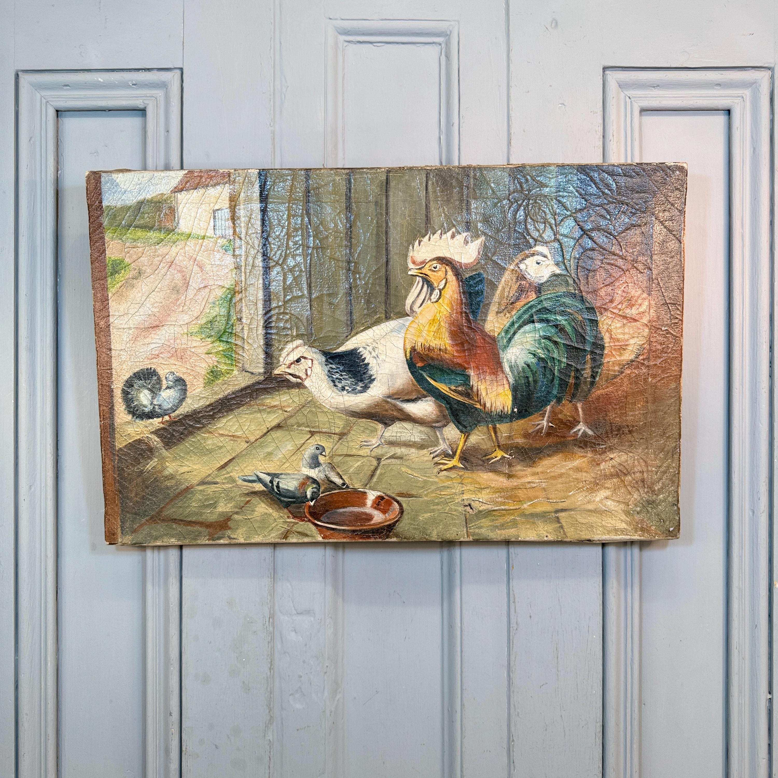 雄鶏、雌鶏、鳩を描いたアンティークの油絵習作 - Etsy 日本