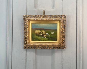 Small antique vintage Continental oil painting study of sheep and lambs