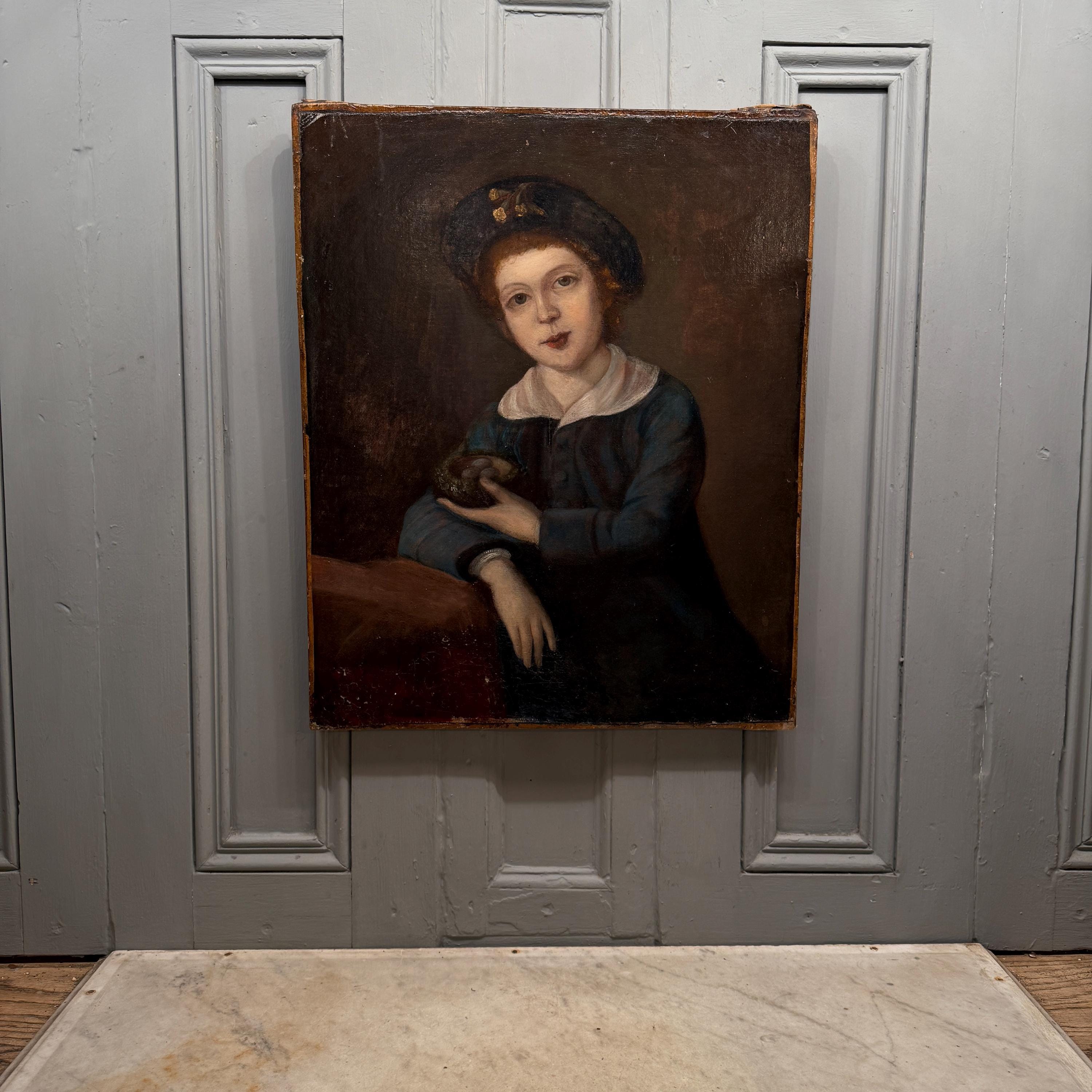 Antique Oil Painting Portrait Study of a Boy Holding a Birds Nest