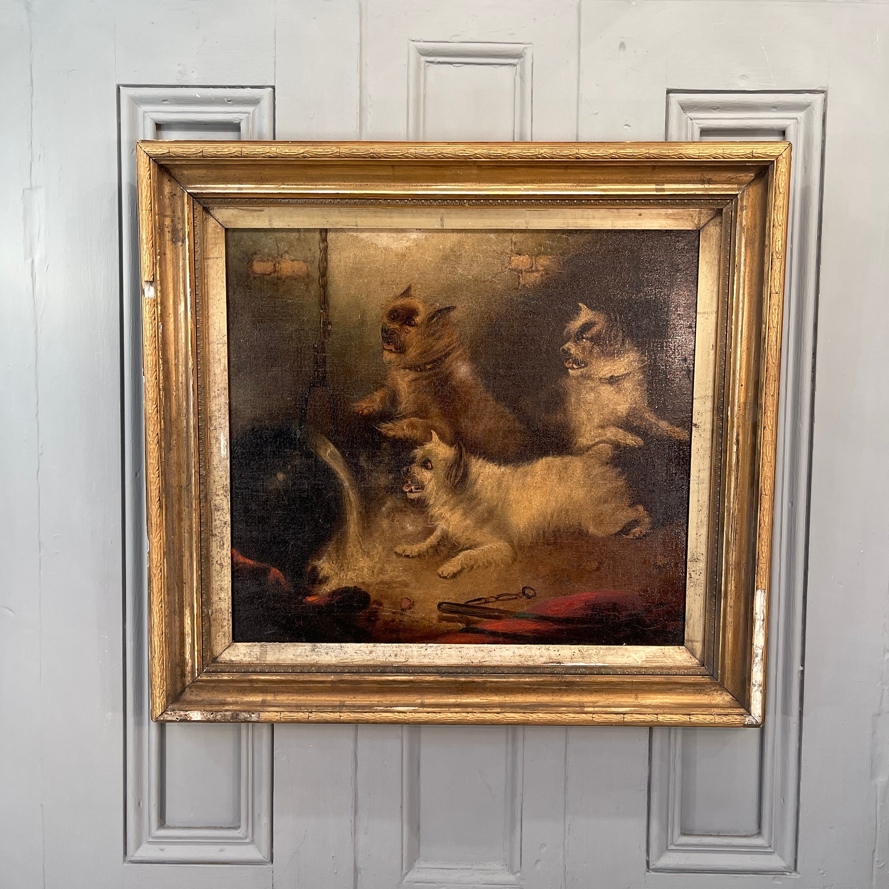 Large antique Victorian oil painting study of terrier dogs overturning a cauldron over a stove signed Edward Armfield