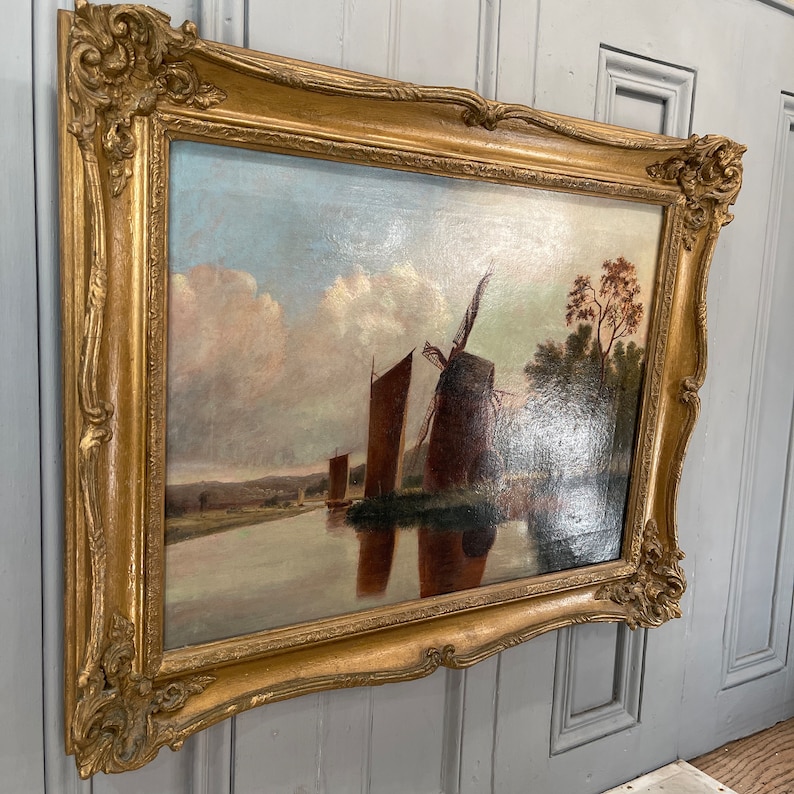 Antique Norwich School river landscape oil painting with windmill and sailing boats image 8