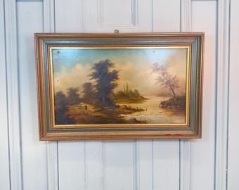 ヴィンテージの秋の風景画、フランスの油絵の森、秋の木々の絵画、1980