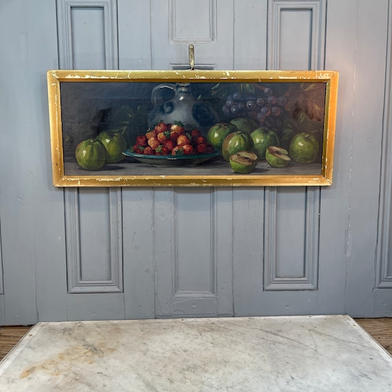 果物と水差しを描いたアンティークの長尺静物油絵習作 - Etsy 日本