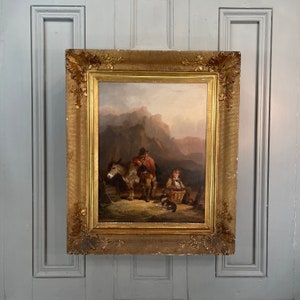 Antique Victorian oil painting study of country folk and donkey signed Wm Shayer